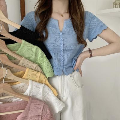 Modische Ausgeschnittene Dünne Strick-Kurzarm-Cardigan-Tops Sommerlich Lässig Sommer-Essential Komfort und Stil Schlank Geschnittene Pullover T-Shirts
