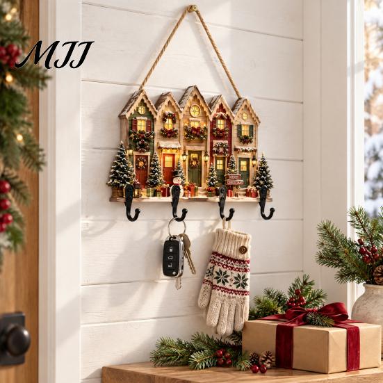 Key Hanger for Wall 2D Flat Christmas Wooden Rack, Hanging Holder with 4 Storage Entrance Hooks, Holiday Plaque Rope Home Decor