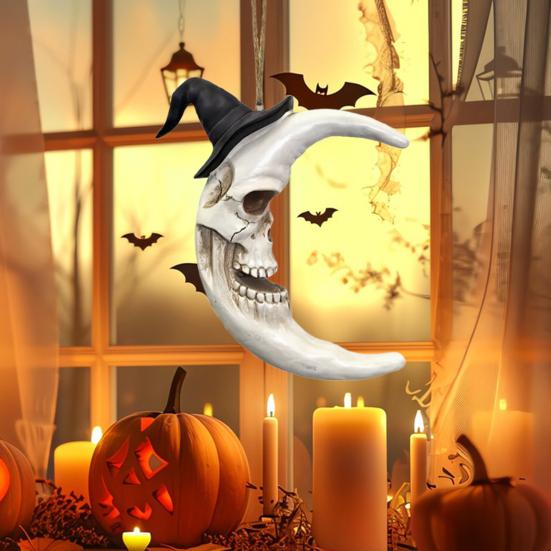 Skull Crescent Pendant Halloween Moon Hanging Decoration Gothic Resin Moon Pendant Wearing Wizard Hat for Wall Door Porch Decoration