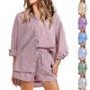Women's Striped Suit Lapel Long Sleeve Shirt Loose Shorts Casual Two-piece Suit