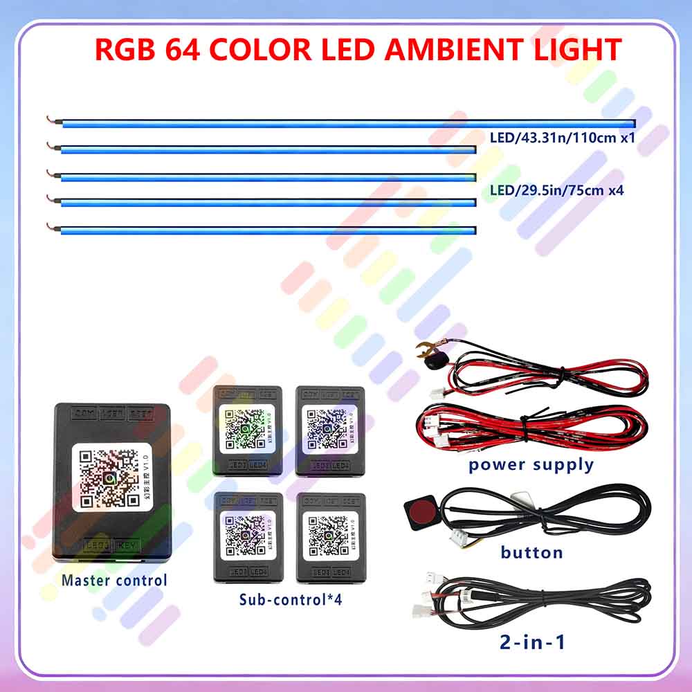 Car LED Ambient Lighting Kit Acrylic Universal Colorful Atmosphere Lights 64 RGB Lighting Auto Interior Neon Strip App Control RGB 6p
