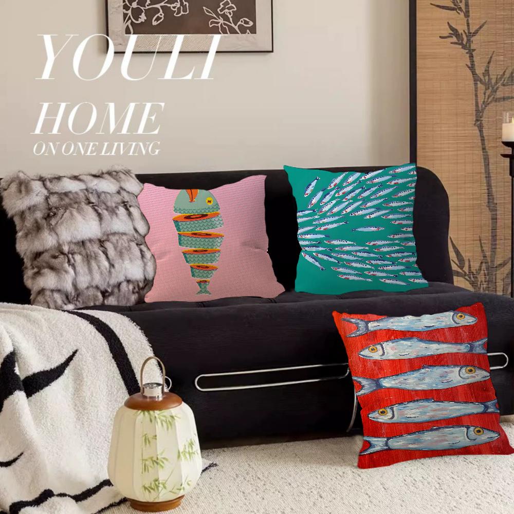 Colorful Sardine Lobster Crab Fish Ocean Pillow Cushion Cover Pillowcase Living Room Sofa Home Decor Customized