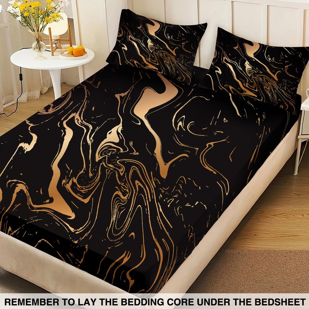 3PC Microfiber Satin Fitted Bed Sheet with 2 Pillowcase Anti-slip Printed Stretch Black Fitted Sheet 90x190 180x200 200x220
