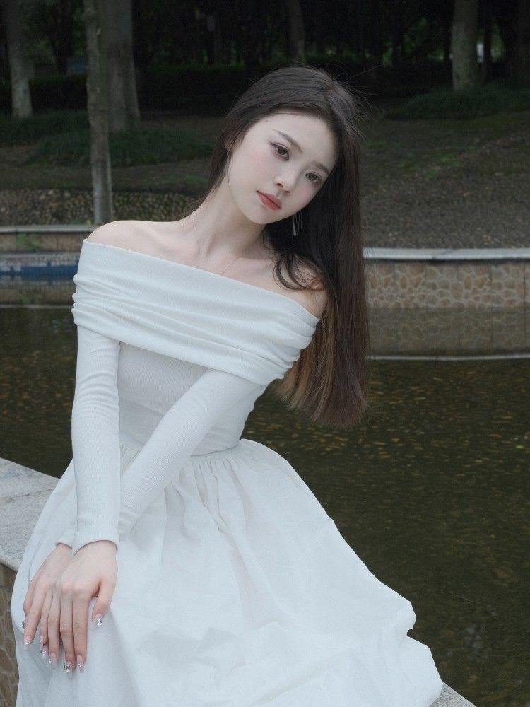 Women's White One-Shoulder Knit Dress, A-Line Long Sleeve, Pure Desire Style for Autumn 2026