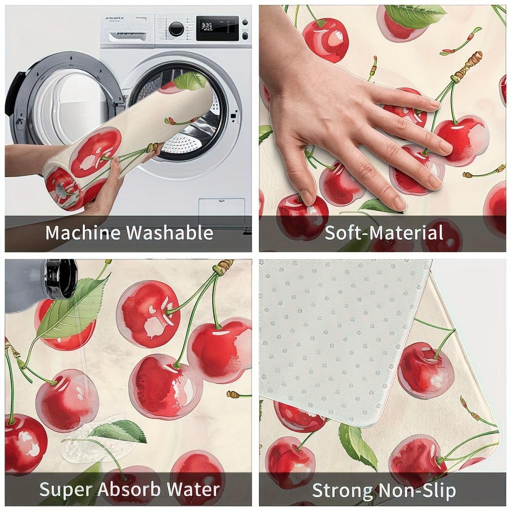 1 Stück Anti-Ermüdungs-Küchenteppich mit rotem Kirschdruck, wasserdicht, rutschfest, dick gepolstert, robuste, bequeme Stehmatte für die Küche