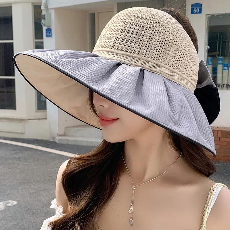 Women's Summer Wide Brim Sun Hat - Elegant Two-Tone Bow Breathable Visor Cap, UV Protection Fashion