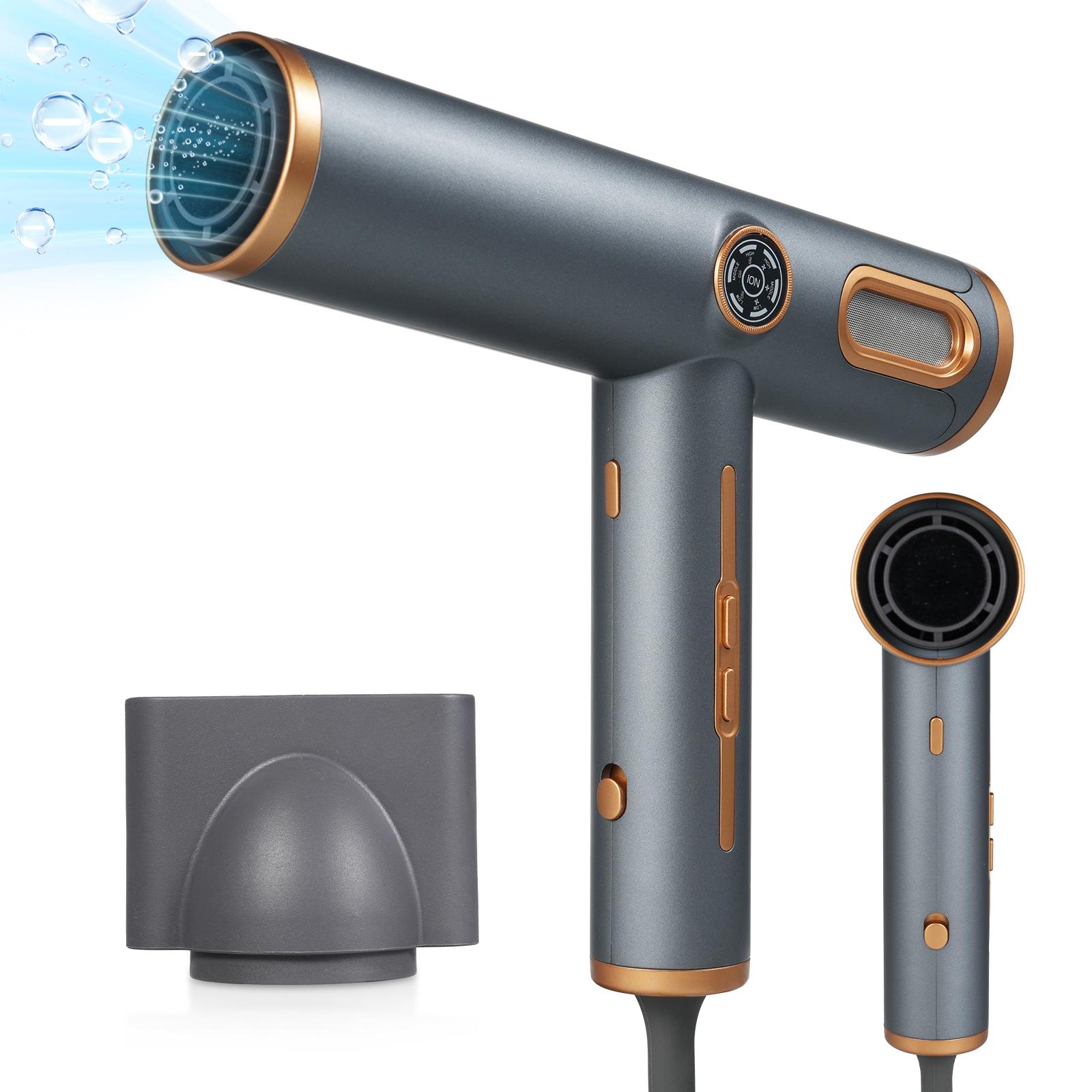 

Фен с отрицательными ионами, 11000 об/мин, 3 скорости, 3 режима нагрева, светодиодный экран для использования дома и в салоне UK Plug серый