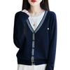 2026 Autumn Women's Color Block V-neck Wool Knit Cardigan.