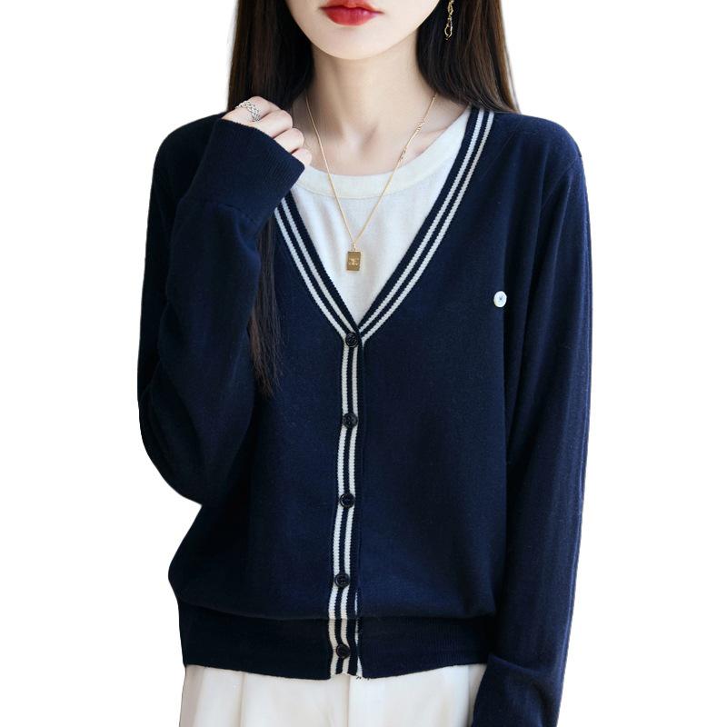 2026 Autumn Women's Color Block V-neck Wool Knit Cardigan.