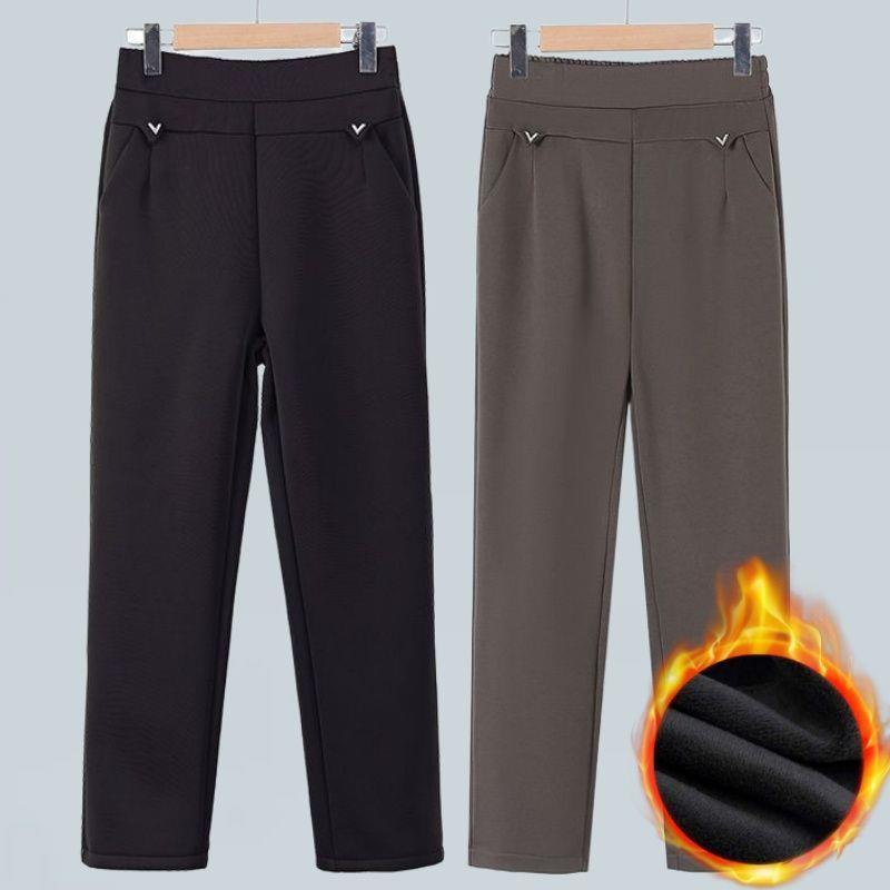 High-Waisted Winter Pants for Elderly Women - Loose, Thick, Velvet-Lined, Casual Long Style