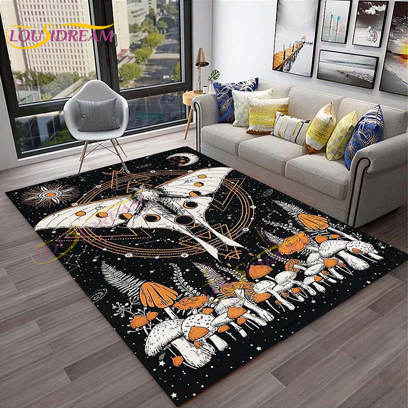 3D Starry Botanical Sun Moonlit Mushroom Rug Floral Hippie Moon Phase Carpet for Aesthetic Bedroom Living Room Vintage Game Mat
