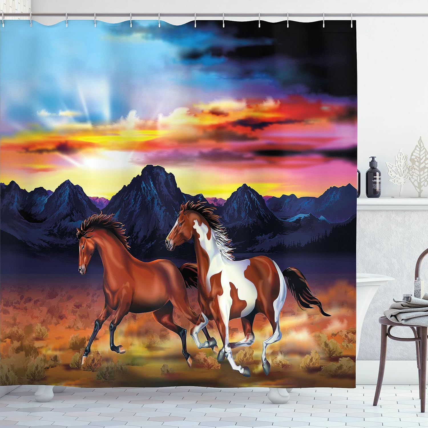 

Wild Horses Running Sunset Mountains Shower Curtain Nature Art Linen180X180 W60H190(CM)-1 Pcs