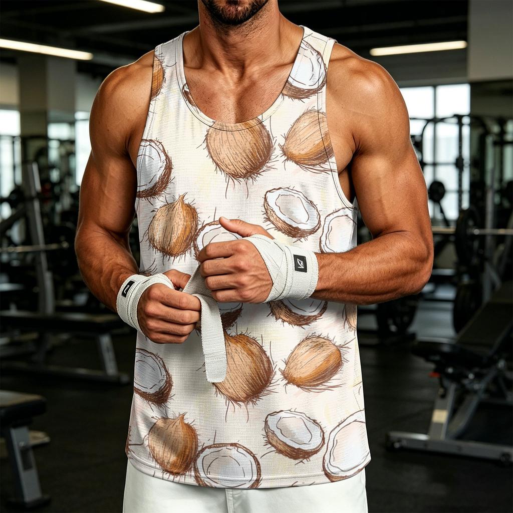 Men's Casual Hawaiian Print Outdoor Sports Tank Top Sleeveless Round Neck Summer Beachwear Gym Workout Shirt