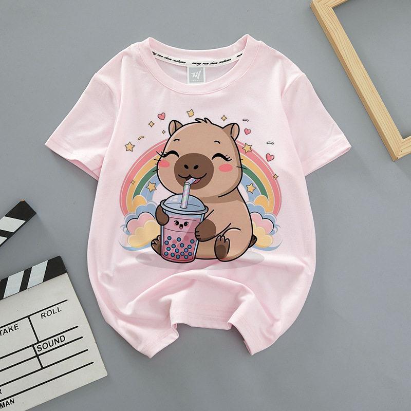 Capybara Summer Childrens Wear Shortsleeved Capybara Cute Childrens Roundneck Pink Trendy Brand Breathable Tshirt