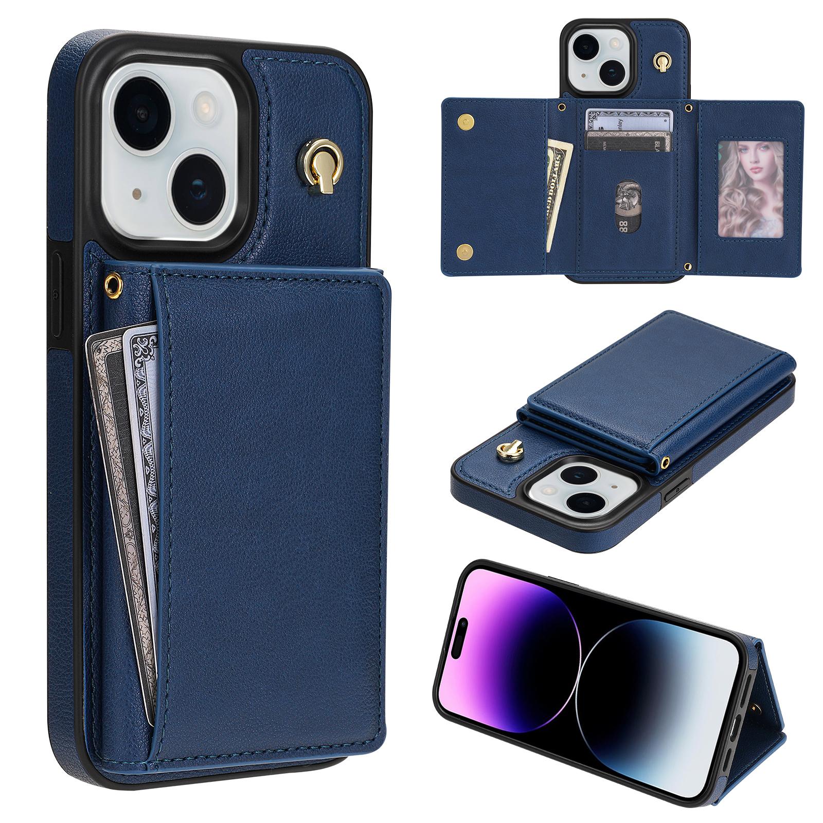 

BKS-003 For iPhone 15 Case Tri-Fold Card Holder Kickstand TPU+Leather Back Cover with Shoulder Strap Blue