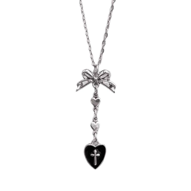 

Gothic Styles Sturdy Alloy Necklace With Black Heart Bowknot Charm Decoration for Trendy Women Men Gothic Jewelry чорний