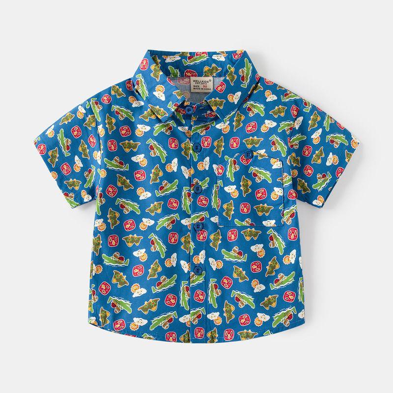 Boys' Car Printed Shirt Pure Cotton Summer Baby Boy Short Sleeve Shirt Children Dinosaur Half Sleeve Tops Seaside Vacation