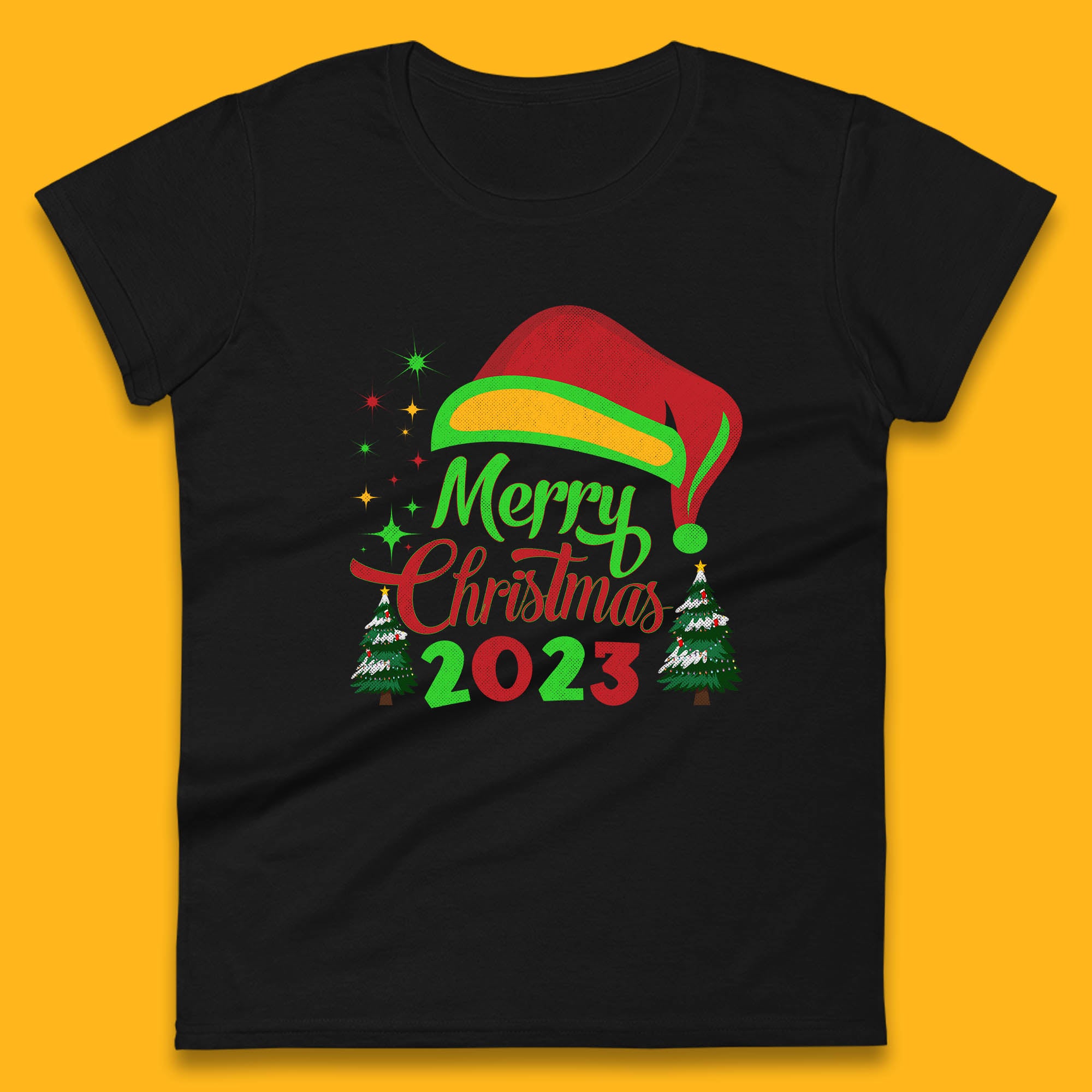 Merry Christmas 2023 Elf Hat Christmas Trees Xmas Gift Womens Tee T Shirt Mens Tops Unisex Top L