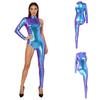 Single Long Sleeve Asymmetrical Bodysuit with Back Invisible Zipper Metallic Shiny Finish for Women Club Carnival Rave Party