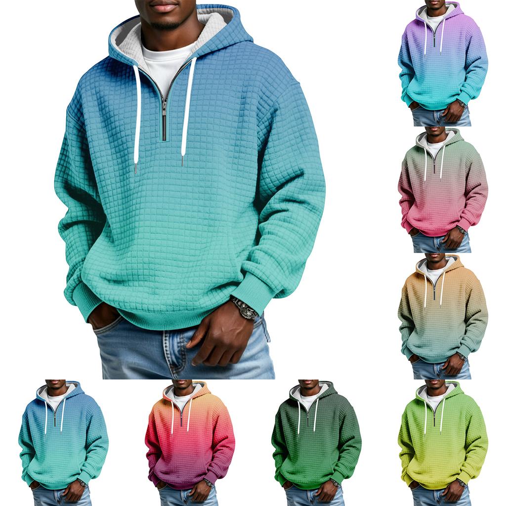 Men's Half-Zip Hooded Plaid Pullover Drawstring Print Casual Sports Sweatshirt