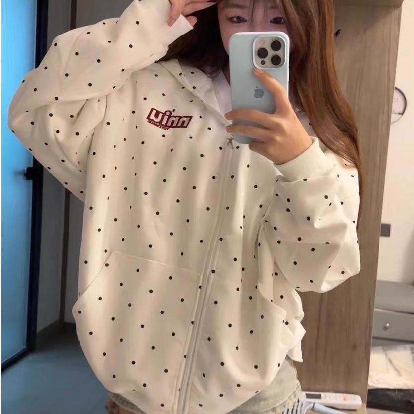 Унисекс ретро худи-кардиган в горошек с вышивкой - Модный повседневный свободный крой Large