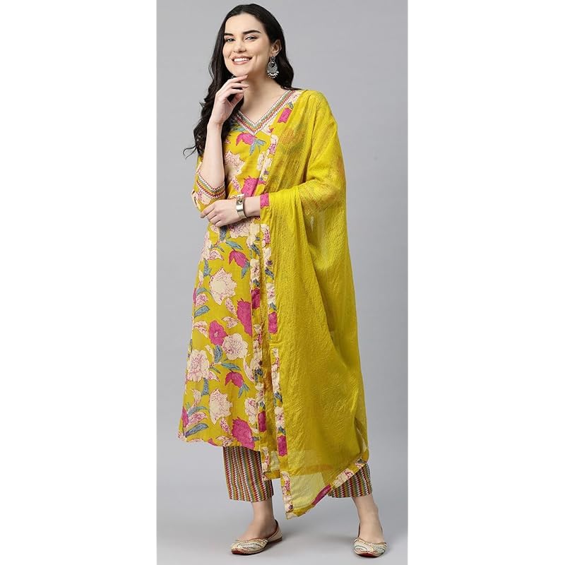 GoSriKi Women s Cotton Blend Straight Printed Kurta with Pant & Dupatta (GANITA Mustard-GS_5XL_Mustard_XXXXX-Large) 3XL горчичный
