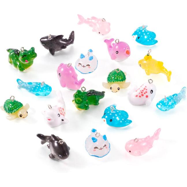 Cheriswelry 20Pcs Sea Animal Resin Pendants Lovely Shark Whale Tortoise Sea Hare Dangle Charms Ocean Summer Jewelry Charms 10 Styles 12.5-21mm for