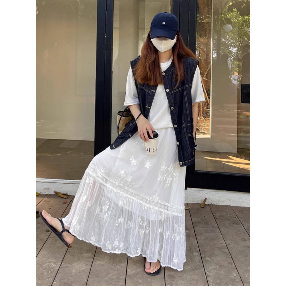 DIMANAF 2025 Summer Women New Skirts Chiffon Lace Solid Elastic Waist Pleated Mesh Elegant Skirts