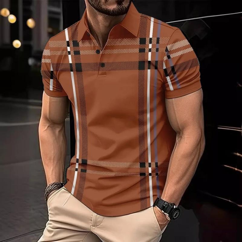 Summer Men's Printed Checkered Striped Polo Shirt Zipper Casual Sports Polo Shirt