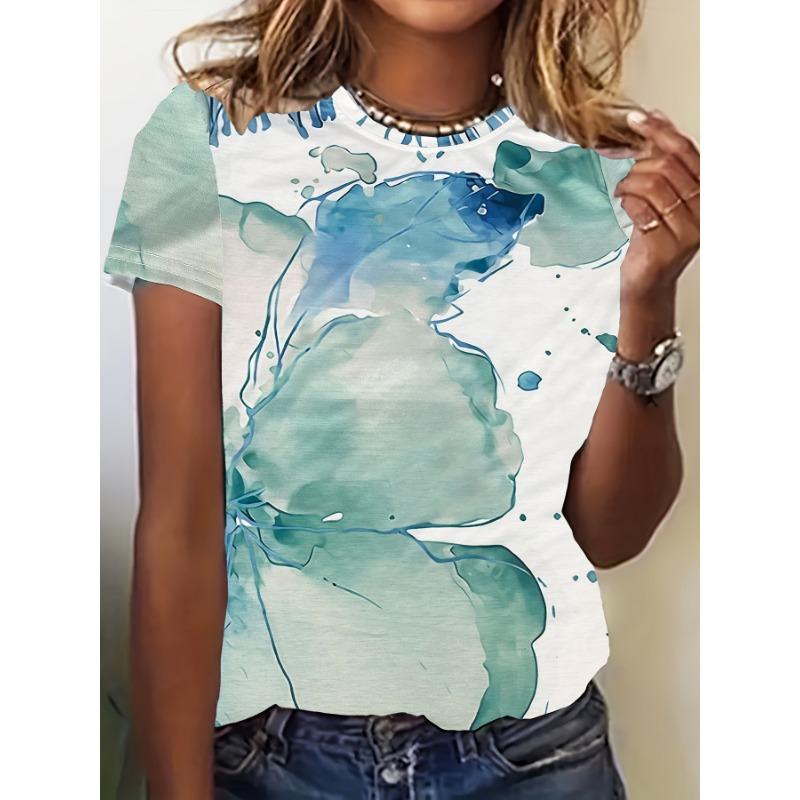 New Creative Colorful Ink Painting Floral Print Women'S Round Neck T-Shirt, Stylish And Trendy Casual Short-Sleeve Top for Women