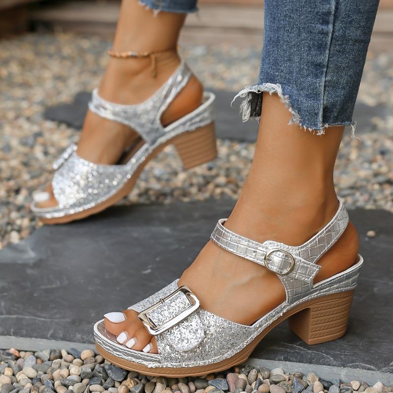 Large Size Sequined Velcro High Heel Sandals Women's New Buckle Thick Heel Fish Mouth Sandals Ebay
