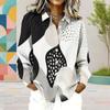 Women Plus Size Collared Long Sleeve Black White Abstract Floral Printed Button Down Shirt
