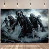 2D Flat Banner, 1 Piece, Halloween Happy Background Cloth, Dark Gray Foggy Skeleton Zombie Traveling Funny Scary Retro E