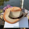 Rivet Belt Gradient Color Jazz Cowboy Straw Hat for Women, Summer Outdoor Fishing Sun Protection Hat, Men's Sunshade Beach Hat