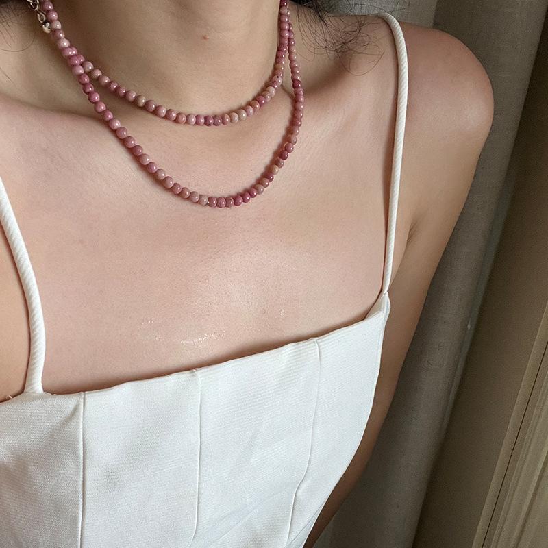 Pink Natural Stone Beaded Long Necklace For Women, Multi-Wear Design, Elegant And Fashionable Versatile Neck Chain, Collarbone Chain