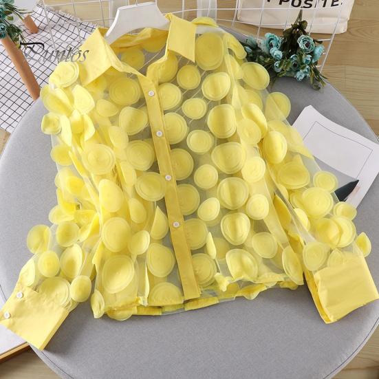 Women Summer Chiffon Shirt Lapel Lantern Long Sleeve Shirt Tops 3D Floral Print Semi-Sheer Mesh Splicing Single Breasted Blouse