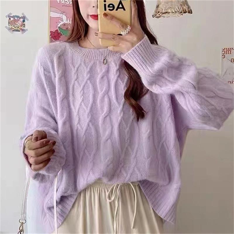 

Осень и зима свободный ленивый ветер корейская версия ретро твист свитер женский 2024 новый круглый вырез с длинными рукавами вязаный свитер женский топ one size fits all розовый