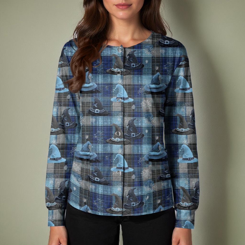 Women's Halloween Print Long Sleeve Cardigan Top with Single Button Front for Caregiver Uniform