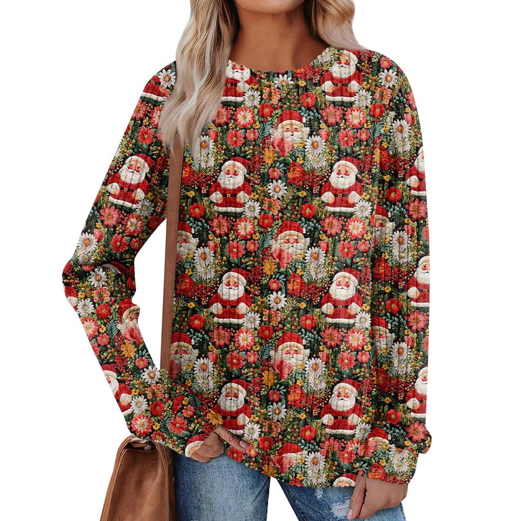 Damen bedrucktes leichtes Rundhals-Oberteil aus gebürsteter Baumwolle