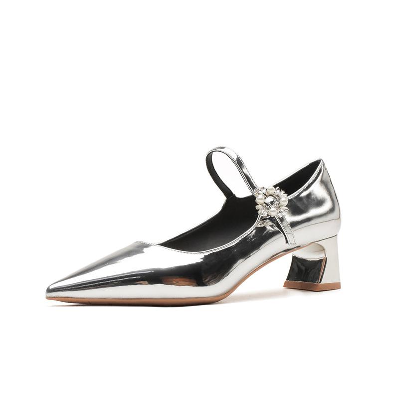 57007 [sheepskin] Silver High Heels Women's 2025 New Pointed One-word with Thick Heel Mary Jane Single Shoes