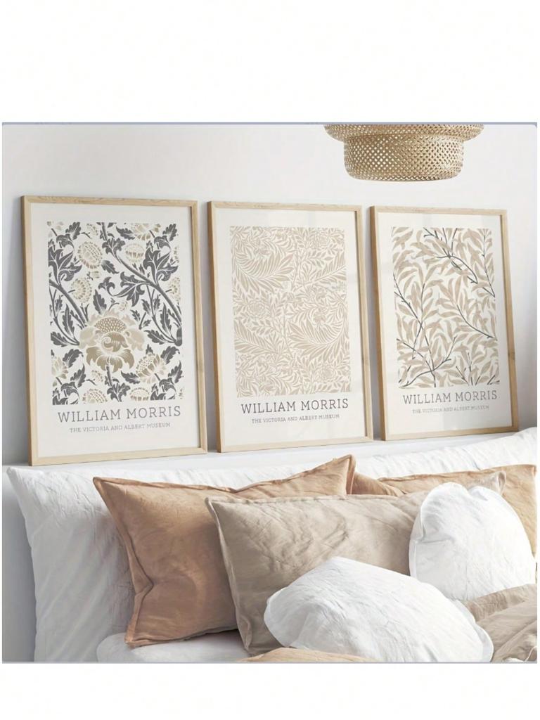 3pcs William Morris Floral Canvas Wall Art Set, Beige Vintage Decor, Frameless Retro Posters for Living Room, Bedroom, Home Office Home Decor Gift