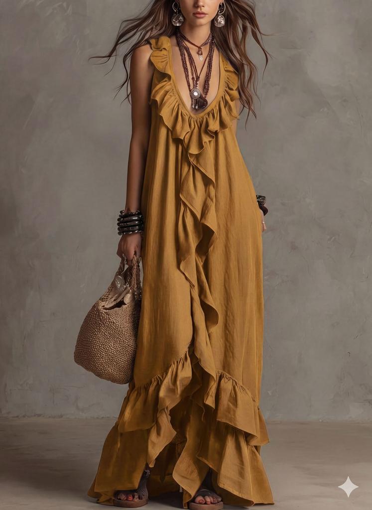 Sexy Deep V Neck Ruffle Loose Long Dresses Woman Spring Casual Solid Party Maxi Dress Summer Sleeveless Vacation Beach Dress