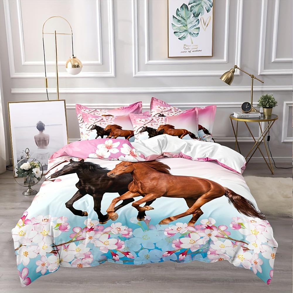 

Комплект постельного белья «Цветочные лошади» с 3D-печатью, мягкий, односпальный, полуторный, двуспальный, королевский размер, домашние украшения для спальни Eu Single 135x200cm