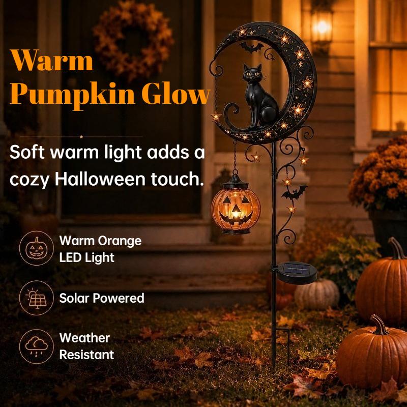 Iron Black Cat Moon Ground Lamp Waterproof Solar Garden Light Auto On/Off for Outdoor Lawns Courtyards Yards Patio Pathway Halloween Decor