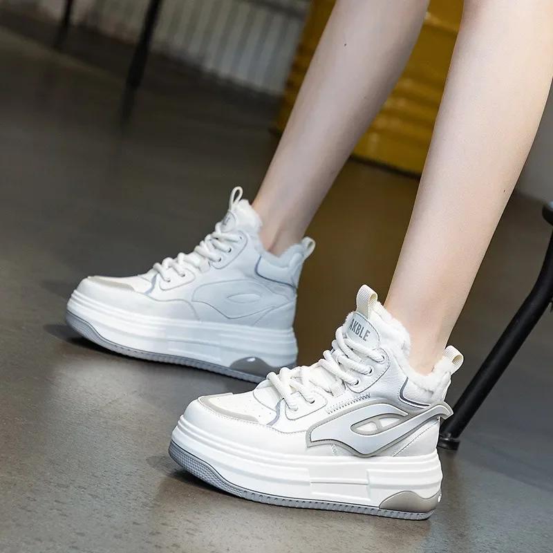 Top Quality 7CM Genuine Leather Women Shoes Women  2024 Autumn Warm Fur Winter Combat Boots Ankle Platform Sneakers Boot Booties