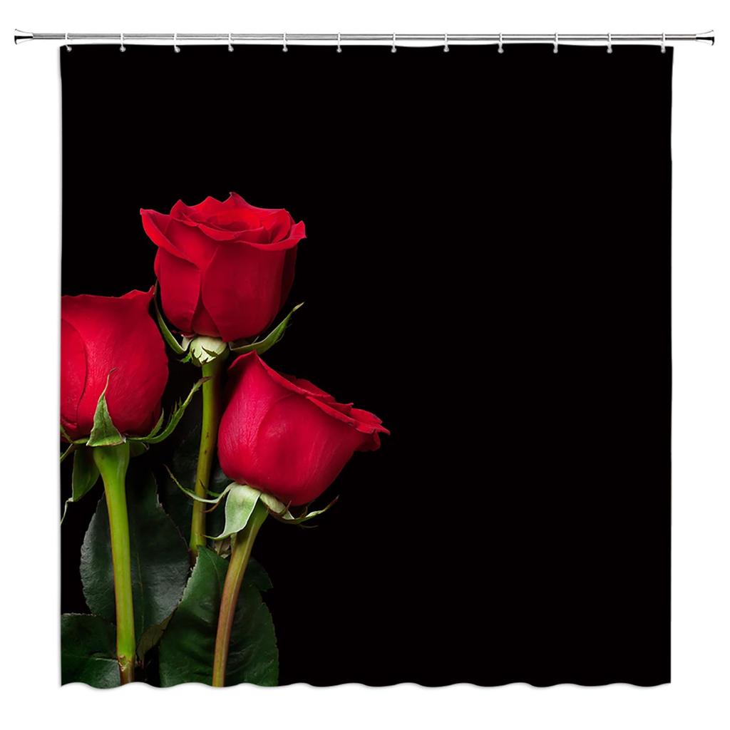 Red Rose Shower Curtain Botanical Floral Romantic Flower Valentine Girls Bathroom Curtain Decor Waterproof Fabric Include Hooks