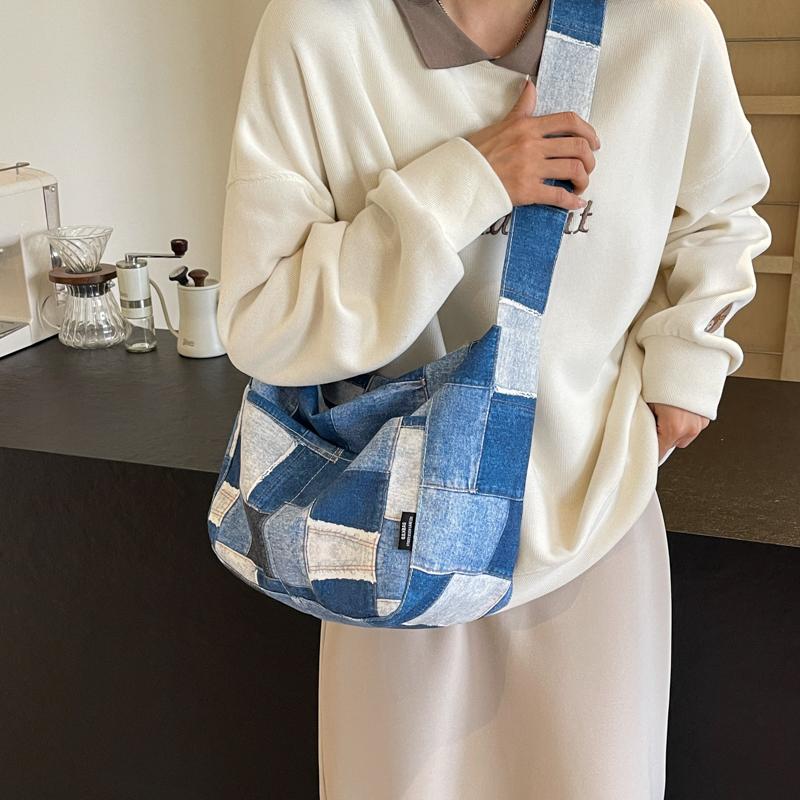 Große Kapazität Damen Denim Umhängetasche Patchwork Student Pendler Schultertasche