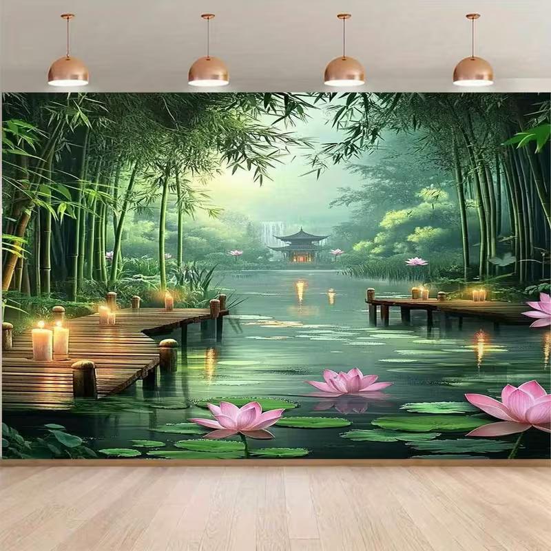 2D Zen Garden Bamboo Lake Tapestry Oriental Pavilion Wall Art Backdrop