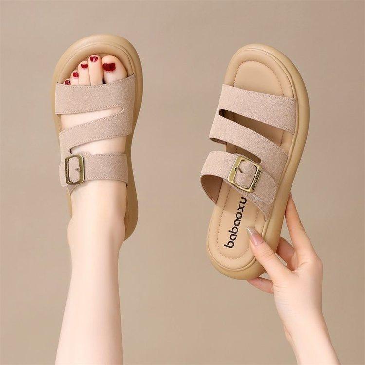 One-word Sandals Women's Outer Wear 2025 New Summer Fashion Metal Square Buckle Soft Bottom Non-slip Beach Slippers with Skirt