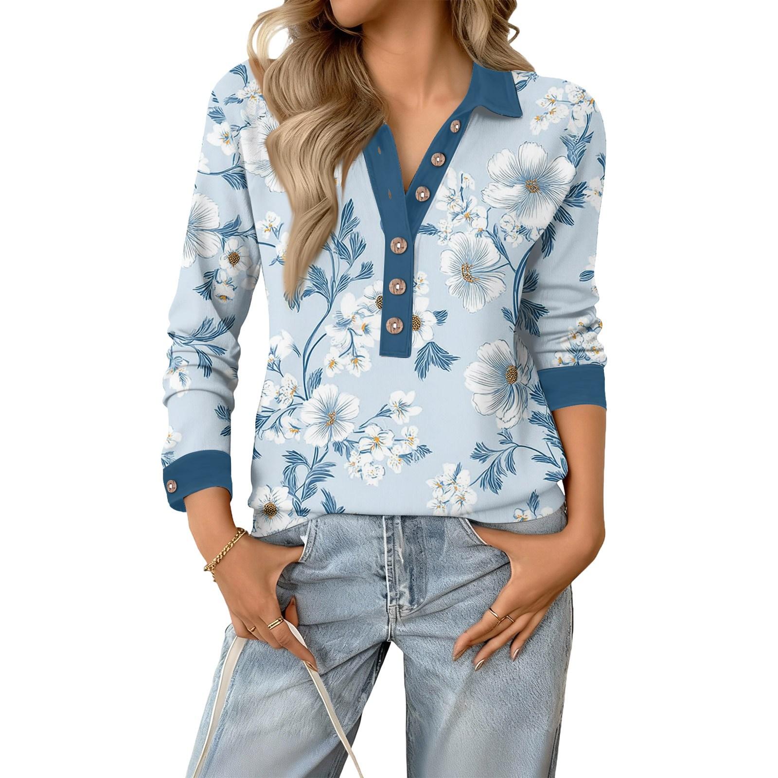 Женский Ретро Уличный Ленивый V-образный вырез Длинный рукав Пуговица Цветочный принт Пуловер Топ M